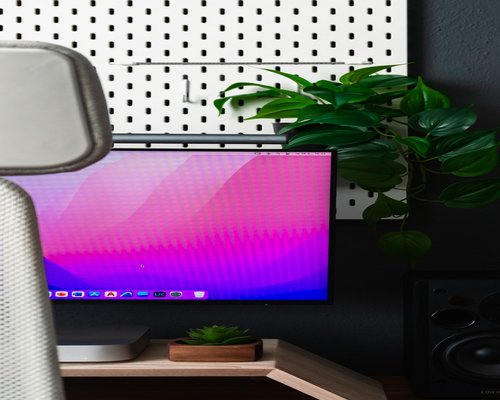 An organized tidy workspace displaying a turned off screen next to a green plant